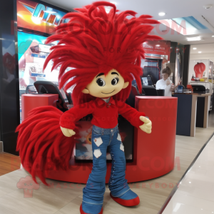 Red Contortionist mascot costume character dressed with a Jeans and Hair clips