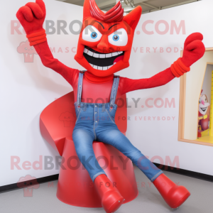 Red Contortionist mascot costume character dressed with a Jeans and Hair clips