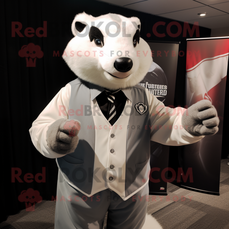 White Badger mascot costume character dressed with a Graphic Tee and Ties White Badger mascot costume character dressed with a Graphic Tee and Ties
