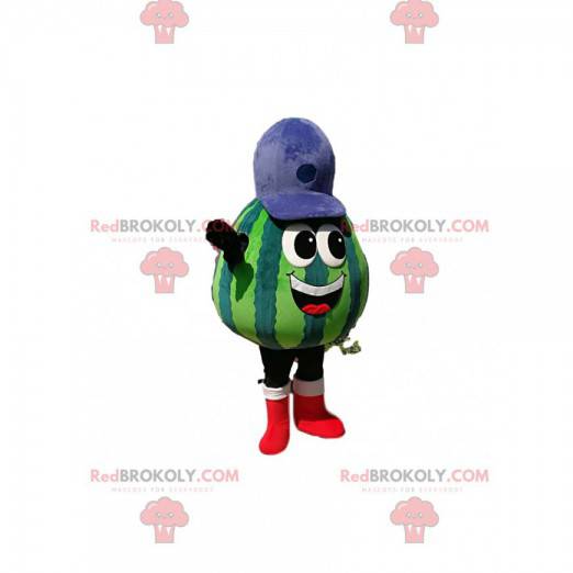 Vandmelon maskot med en blå hætte - Redbrokoly.com