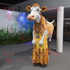 nan Guernsey Cow mascot costume character dressed with a Maxi Dress and Earrings