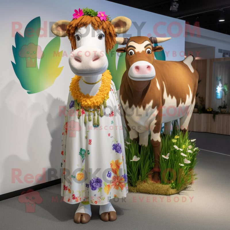 nan Guernsey Cow mascot costume character dressed with a Maxi Dress and Earrings