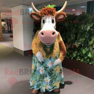 nan Guernsey Cow mascot costume character dressed with a Maxi Dress and Earrings