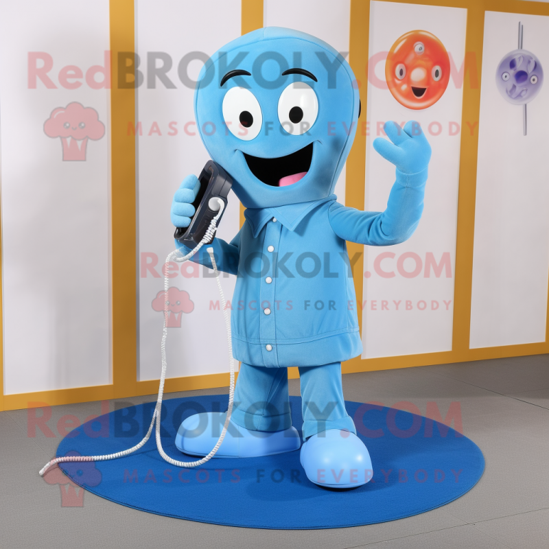 Sky Blue Phone mascot costume character dressed with a Jeans and Shoe laces Sky Blue Phone mascot costume character dressed with a Jeans and Shoe laces