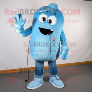 Sky Blue Phone mascot costume character dressed with a Jeans and Shoe laces