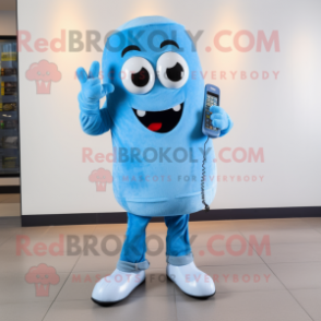 Sky Blue Phone mascot costume character dressed with a Jeans and Shoe laces