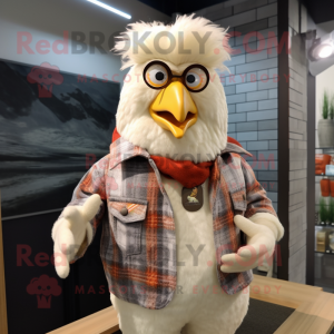 Cream Chicken mascot costume character dressed with a Flannel Shirt and Keychains