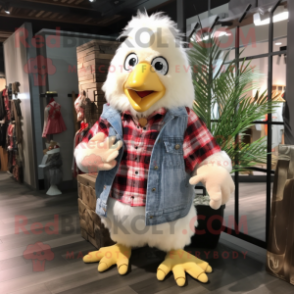 Cream Chicken mascot costume character dressed with a Flannel Shirt and Keychains