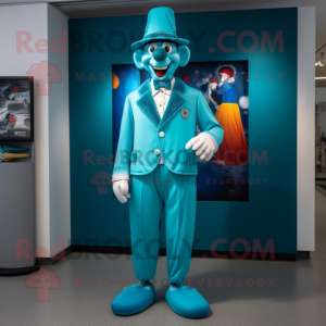Turquoise Clown mascot costume character dressed with a Suit Jacket and Caps