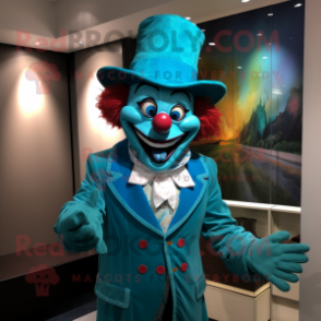 Turquoise Clown mascot costume character dressed with a Suit Jacket and Caps