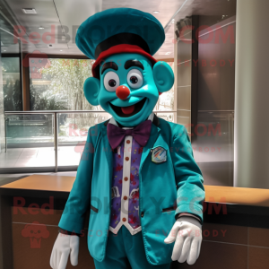 Turquoise Clown mascot costume character dressed with a Suit Jacket and Caps