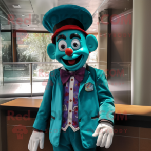Turquoise Clown mascot costume character dressed with a Suit Jacket and Caps