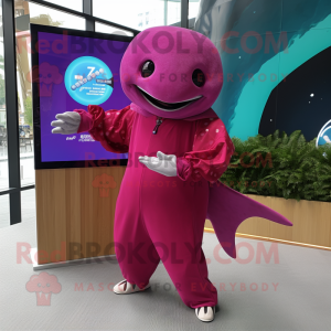 Magenta Stingray mascot costume character dressed with a Wrap Dress and Smartwatches