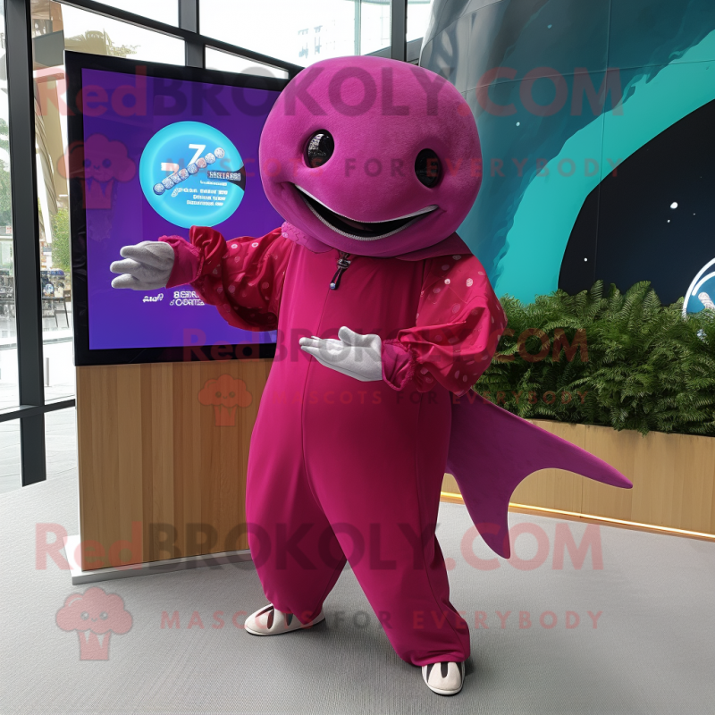 Magenta Stingray mascot costume character dressed with a Wrap Dress and Smartwatches Magenta Stingray mascot costume character dressed with a Wrap Dress and Smartwatches