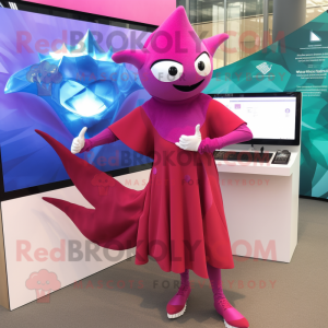 Magenta Stingray mascot costume character dressed with a Wrap Dress and Smartwatches