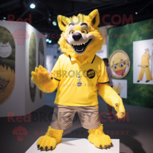 Lemon Yellow Werewolf mascot costume character dressed with a Polo Shirt and Lapel pins