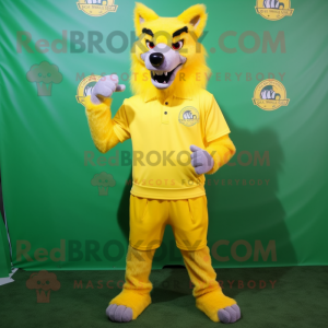 Lemon Yellow Werewolf mascot costume character dressed with a Polo Shirt and Lapel pins