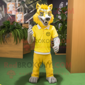 Lemon Yellow Werewolf mascot costume character dressed with a Polo Shirt and Lapel pins