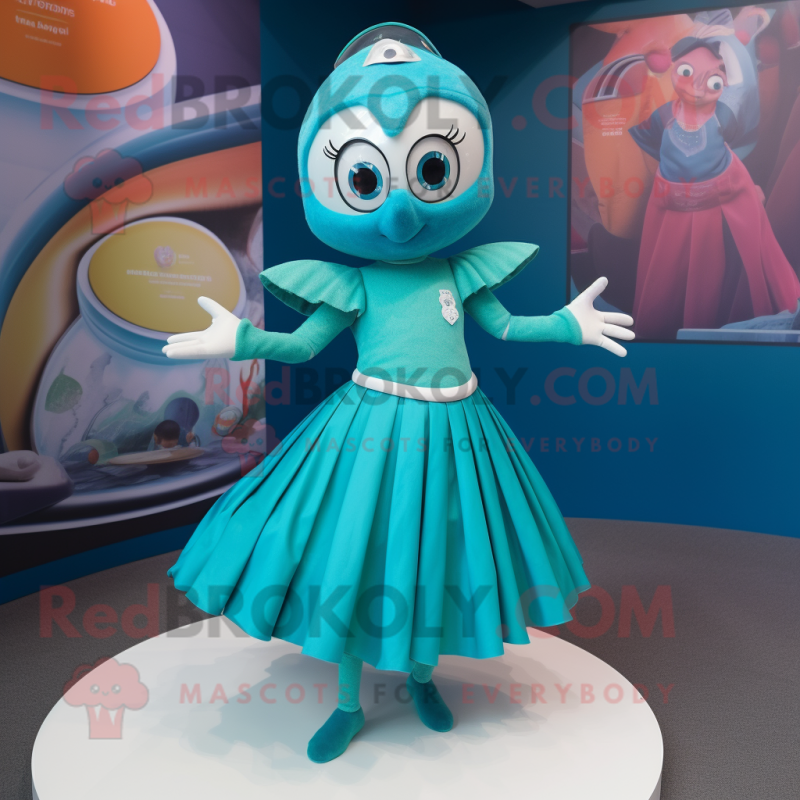 Teal Acrobat mascot costume character dressed with a Pleated Skirt and Rings