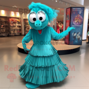 Teal Acrobat mascot costume character dressed with a Pleated Skirt and Rings