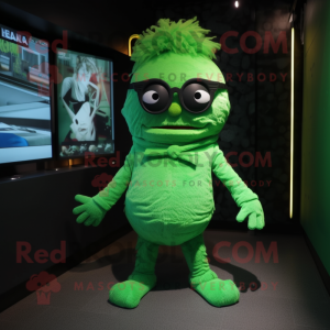 Green Cod mascot costume character dressed with a Bodysuit and Eyeglasses