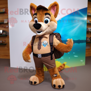 Brown Dingo mascot costume character dressed with a Capri Pants and Backpacks