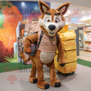 Brown Dingo mascot costume character dressed with a Capri Pants and Backpacks