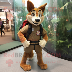 Brown Dingo mascot costume character dressed with a Capri Pants and Backpacks