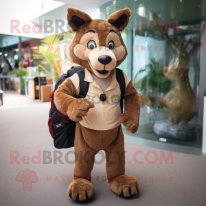 Brown Dingo mascot costume character dressed with a Capri Pants and Backpacks