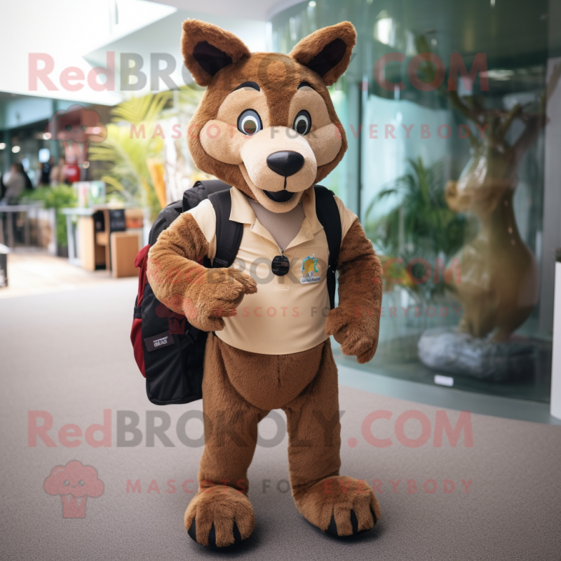 Brown Dingo mascot costume character dressed with a Capri Pants and Backpacks Brown Dingo mascot costume character dressed with a Capri Pants and Backpacks