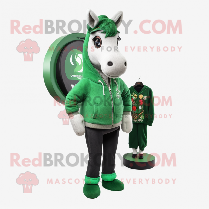 Forest Green Horseshoe mascot costume character dressed with a Sweater and Earrings Forest Green Horseshoe mascot costume character dressed with a Sweater and Earrings