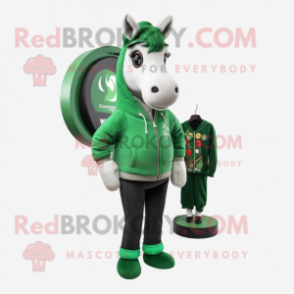 Forest Green Horseshoe mascot costume character dressed with a Sweater and Earrings