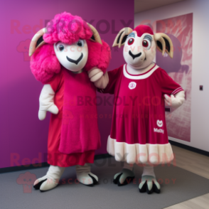 Magenta Ram mascot costume character dressed with a Maxi Dress and Brooches