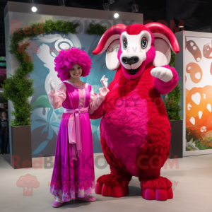 Magenta Ram mascot costume character dressed with a Maxi Dress and Brooches