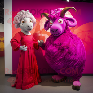 Magenta Ram mascot costume character dressed with a Maxi Dress and Brooches