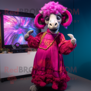 Magenta Ram mascot costume character dressed with a Maxi Dress and Brooches