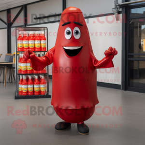 Red Bottle Of Ketchup mascot costume character dressed with a Suit Jacket and Wraps