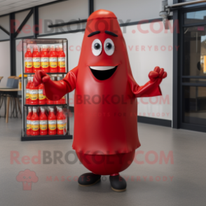 Red Bottle Of Ketchup mascot costume character dressed with a Suit Jacket and Wraps