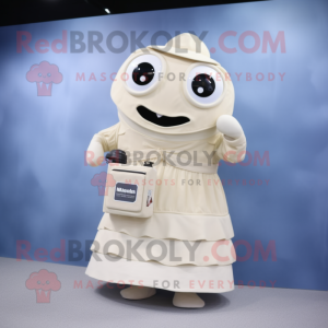 Beige Camera mascot costume character dressed with a Wedding Dress and Backpacks