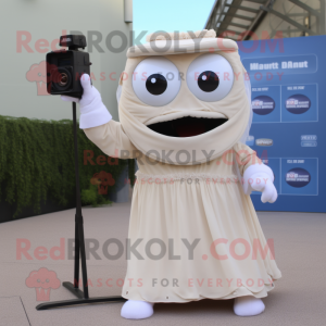Beige Camera mascot costume character dressed with a Wedding Dress and Backpacks