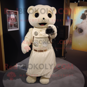 Beige Camera mascot costume character dressed with a Wedding Dress and Backpacks