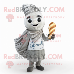Silver Croissant mascot costume character dressed with a A-Line Skirt and Scarves
