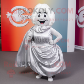 Silver Croissant mascot costume character dressed with a A-Line Skirt and Scarves