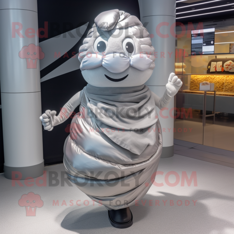 Silver Croissant mascot costume character dressed with a A-Line Skirt and Scarves