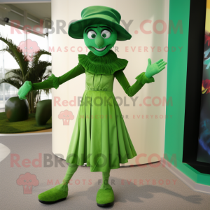 Green Stilt Walker mascot costume character dressed with a Mini Skirt and Belts