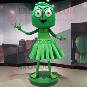 Green Stilt Walker mascot costume character dressed with a Mini Skirt and Belts