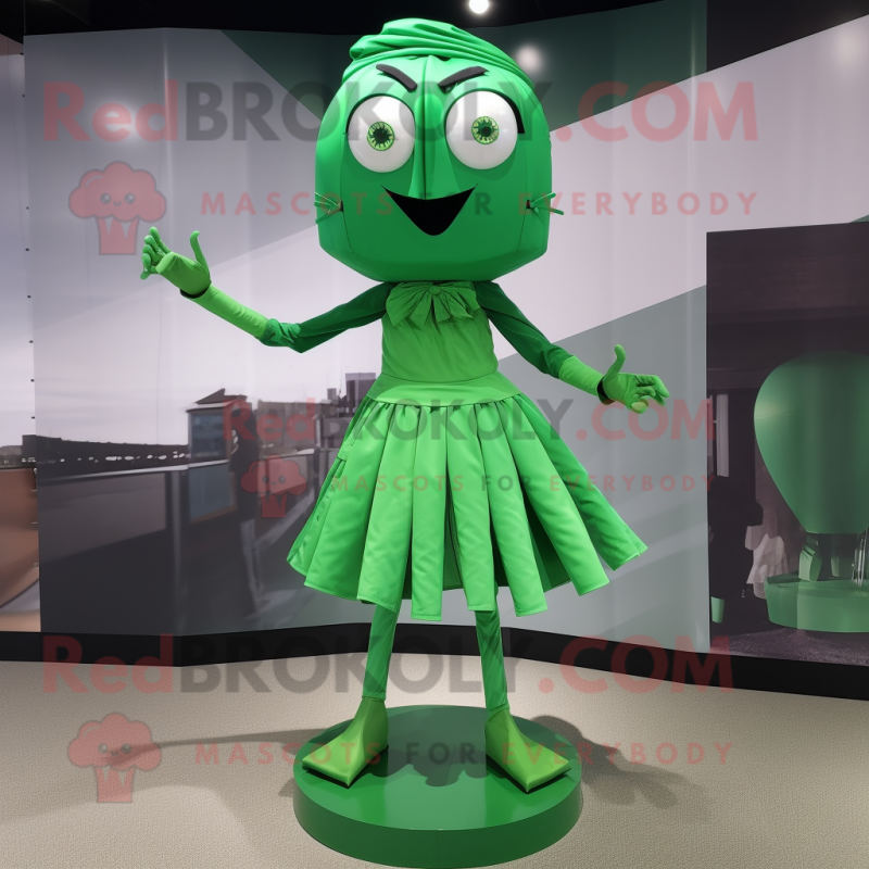 Green Stilt Walker mascot costume character dressed with a Mini Skirt and Belts Green Stilt Walker mascot costume character dressed with a Mini Skirt and Belts