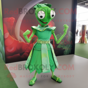 Green Stilt Walker mascot costume character dressed with a Mini Skirt and Belts