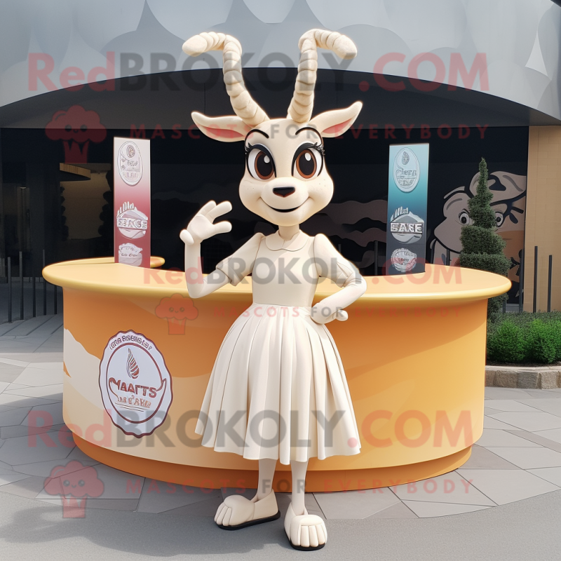 Cream Gazelle mascot costume character dressed with a Pleated Skirt and Keychains Cream Gazelle mascot costume character dressed with a Pleated Skirt and Keychains