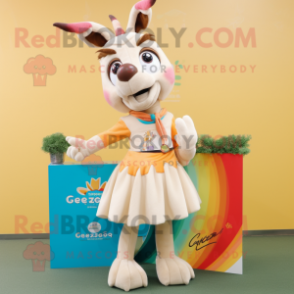 Cream Gazelle mascot costume character dressed with a Pleated Skirt and Keychains